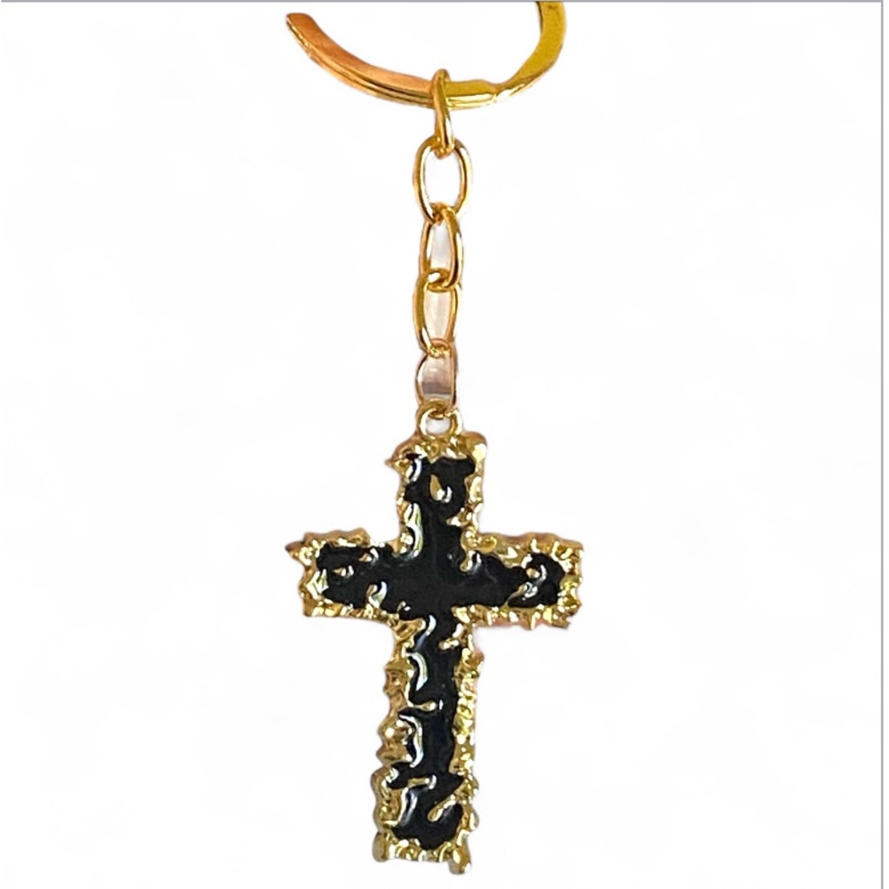 5/$25 Gold and Black enamel Cross Pendant keychain or bag charm new